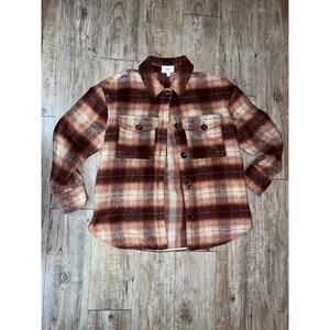BP Plaid Oversized Shacket Jacket Women Medium Brown Pink Long Sleeve Button Up